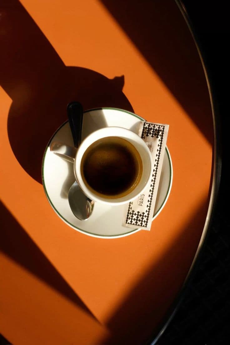 Overhead shot of coffee cup on orange table